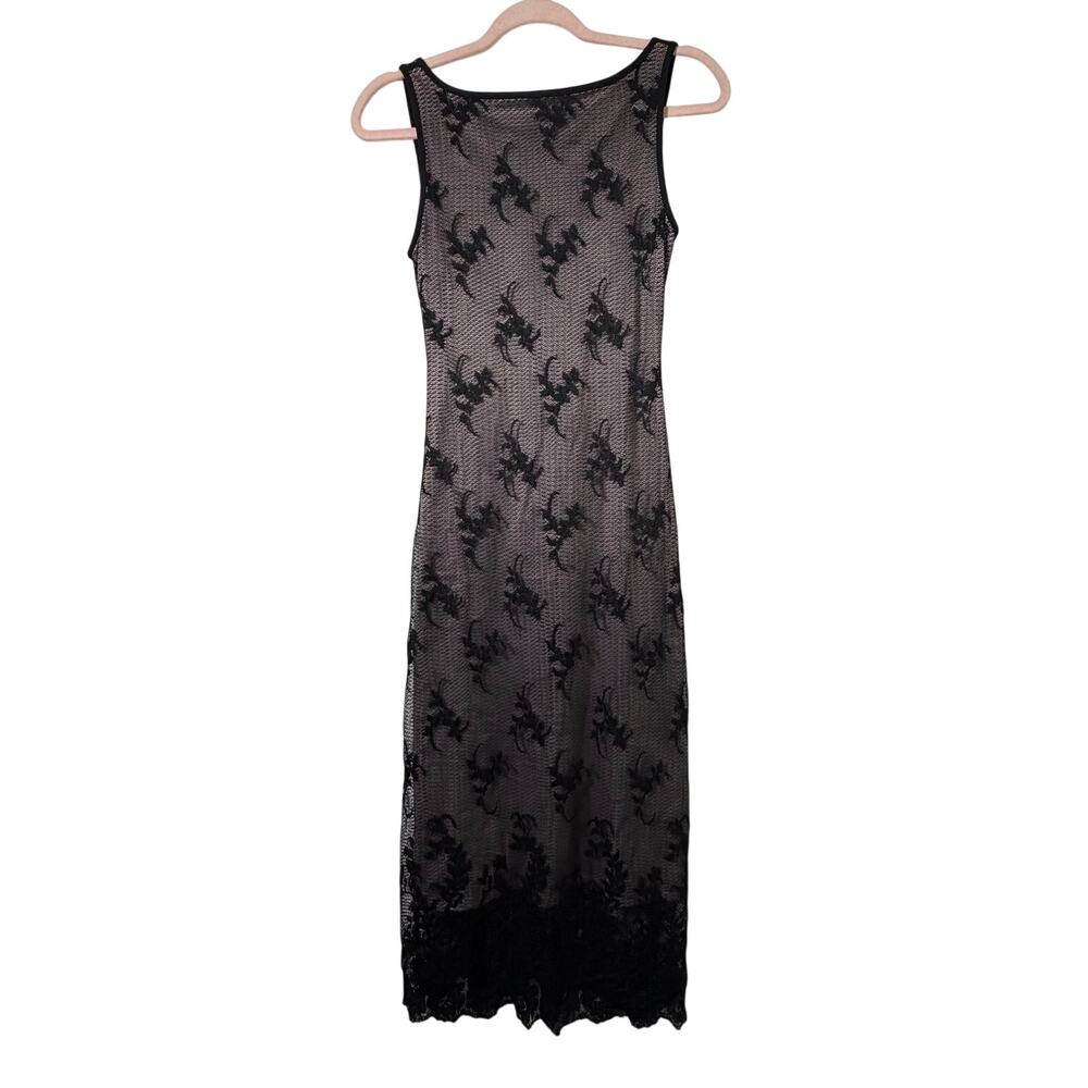 Md Y2k Vtg Bebe Black Floral Lace Bodycon Midi Dress Whimsigoth Sexy Sultry Date